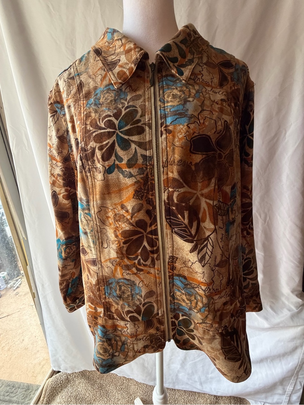Christopher & Banks Brown Floral Zip-Front Bomber Jacket with Teal Accents